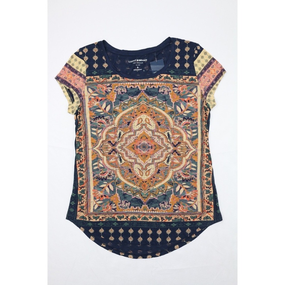 Lucky Brand Linen Blend Boho Hippie Printed Short Sleeve Shirt V-neck Women's  S